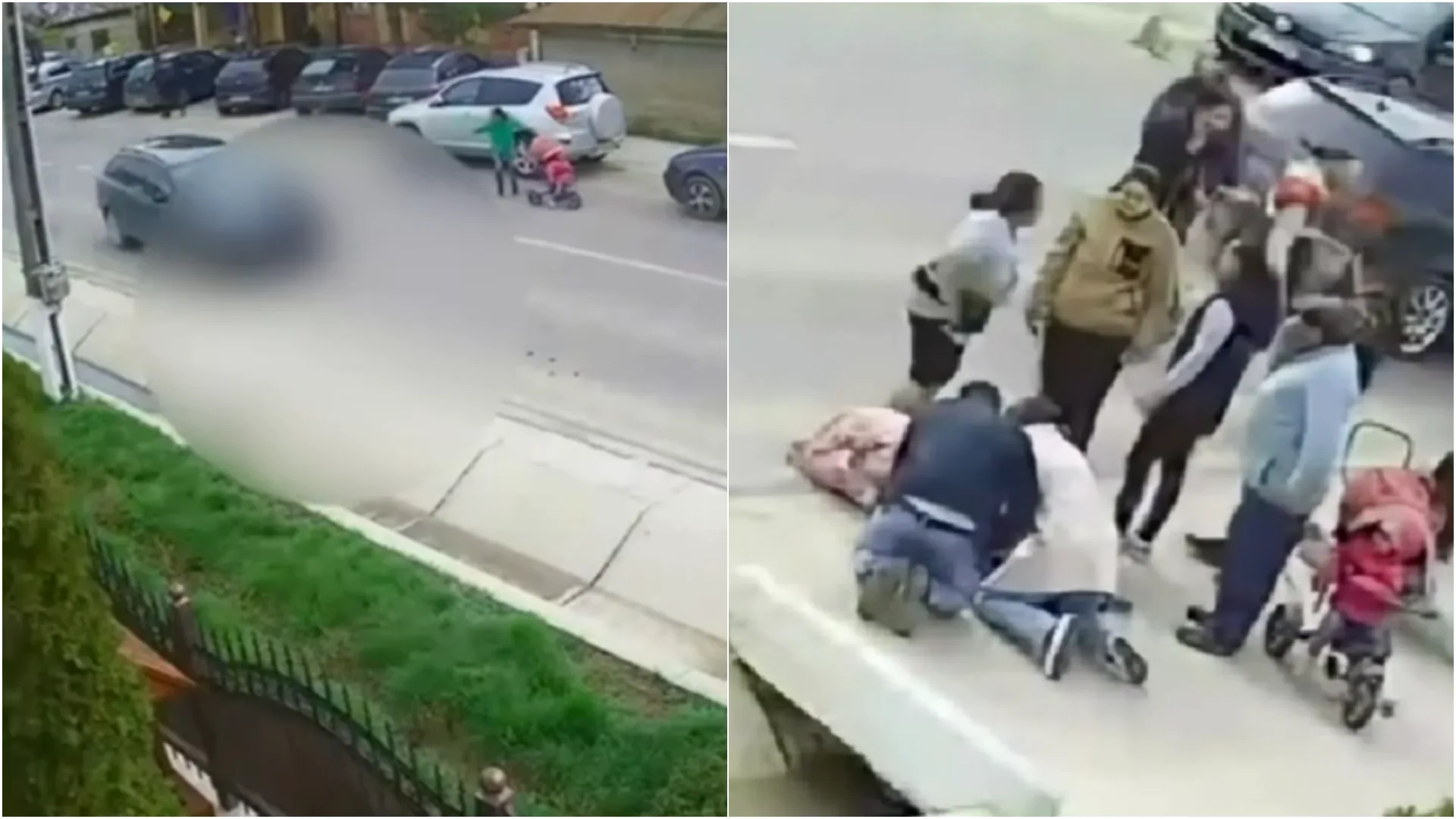 Copil mic alergând spre stradă, lângă un drum cu mașini în trafic urban